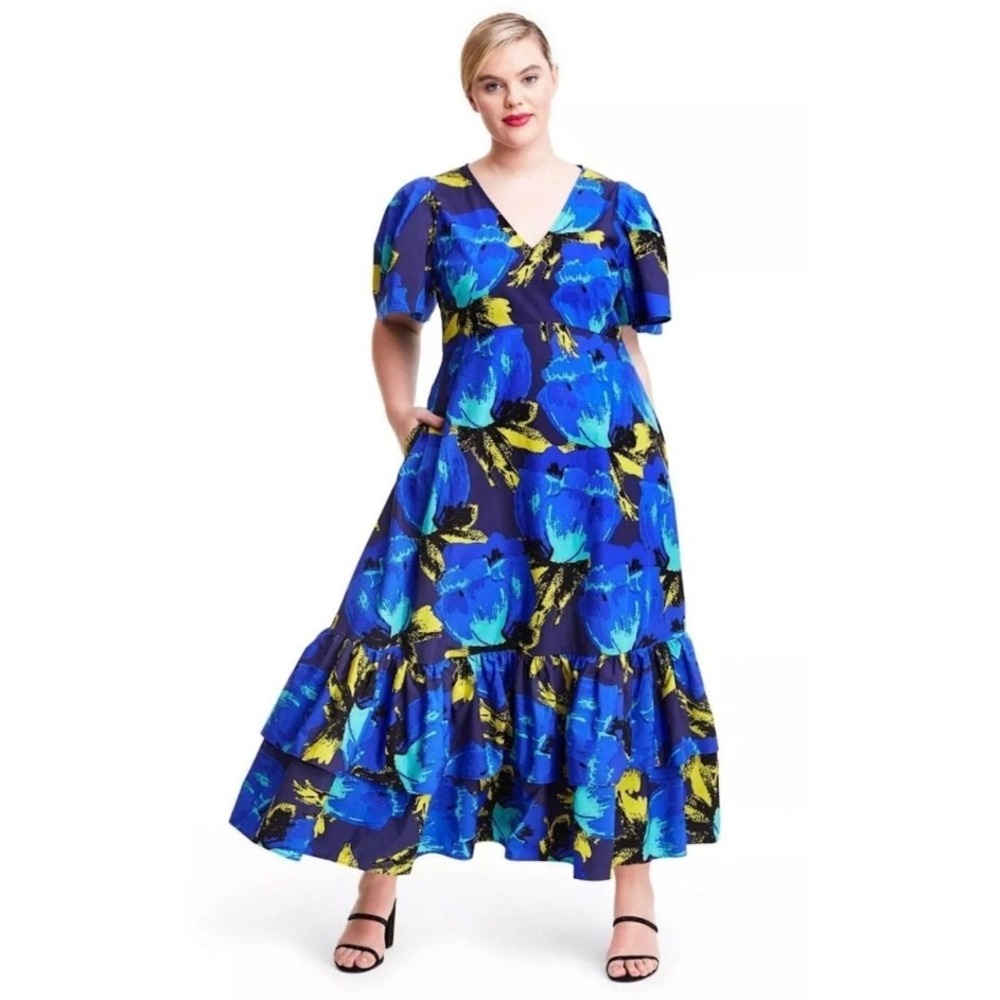 Christopher John Rogers Target Maxi Dress Womens Size 6 Blue Floral Tiered Boho